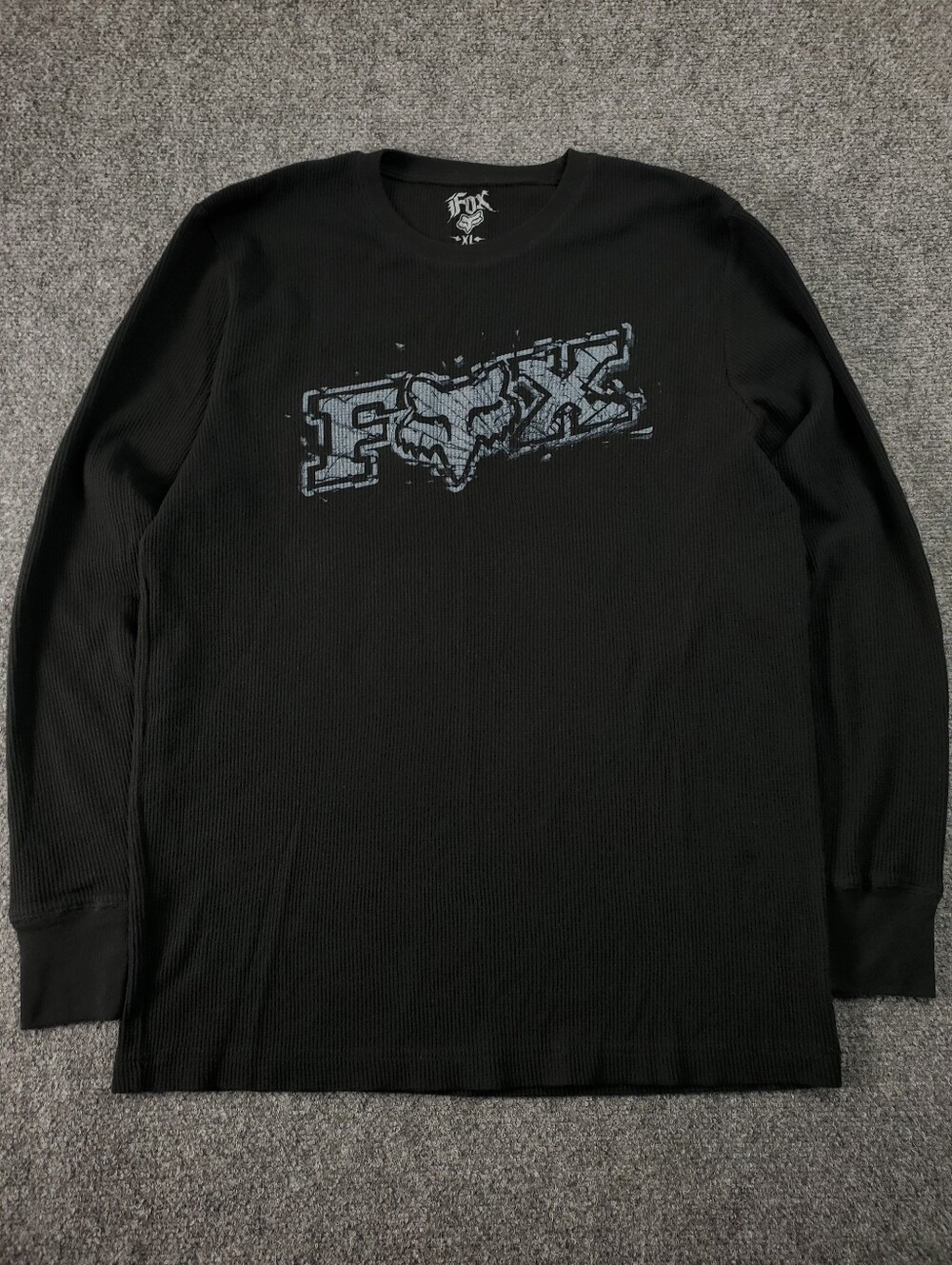 Fox Racing Shirt XL Waffle Knit Thermal Long Sleeve Spellout Graphic Y2K Grunge